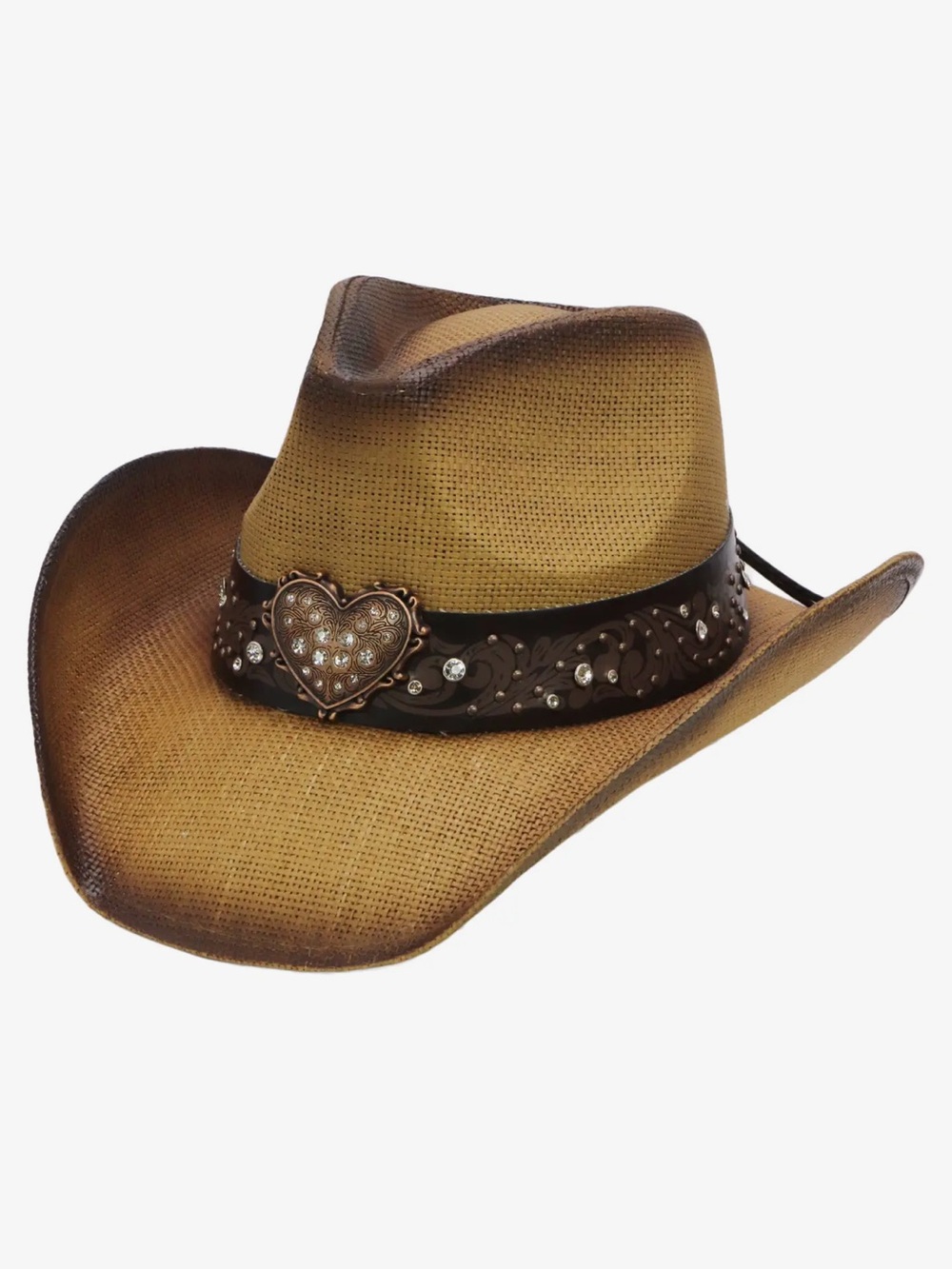 Tan Western Straw Cowgirl Hat with Heart Concho
